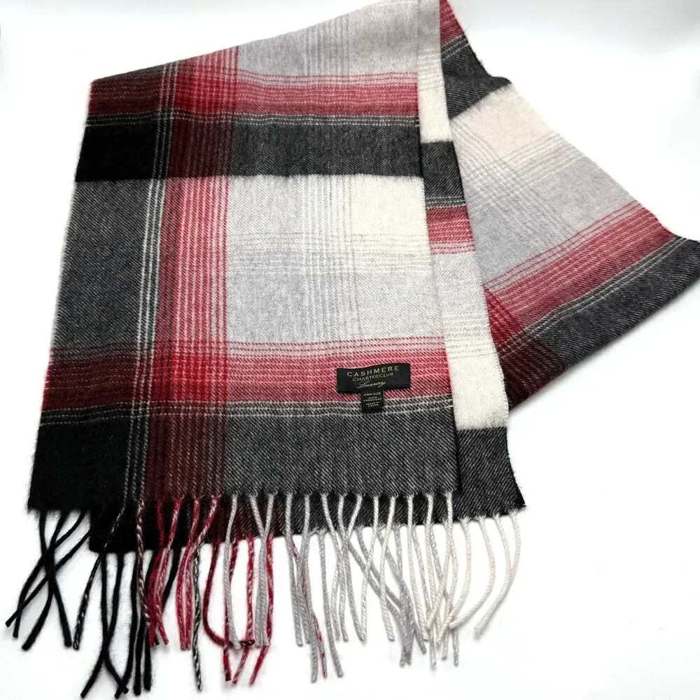 Charter Club Luxury 100% Cashmere Scarf Red Black Gray Plaid 10x63 Tassel Unisex